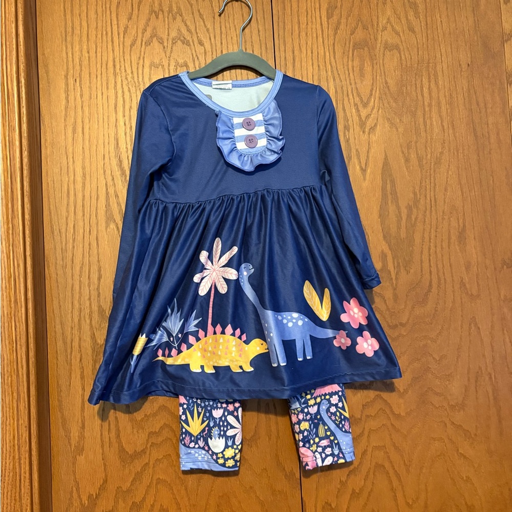 Navy Blue Dinosaur Dress with Leggings